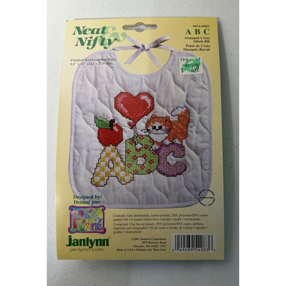 Cross Stitch Kit “ ABC Cat Bib” Neat Nifty By Jalynn